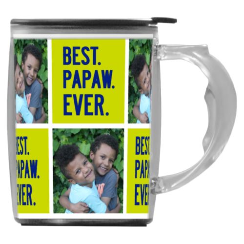 Custom mug with handle personalized with a photo and the saying "Best Papaw Ever" in marine and chartreuse