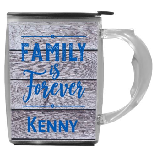 Custom mug with handle personalized with grey wood pattern and the saying "Family Is Forever" and the saying "Kenny"