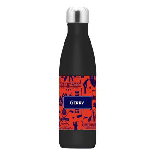 Personalized stainless steel water bottle personalized with golf club pattern and name in true navy and strong red