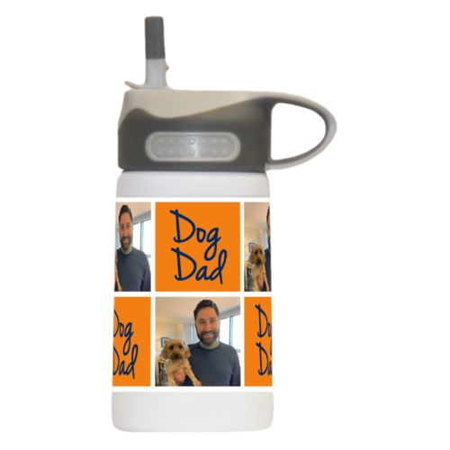Kids water bottle personalized with a photo and the saying "dog dad" in navy blue and juicy orange