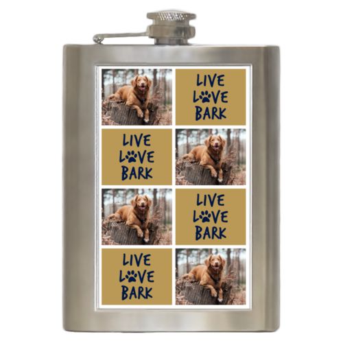 Personalized 8oz flask personalized with a photo and the saying "Live love bark" in brigham young university