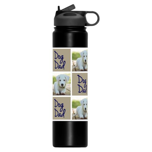 Personalized water bottle personalized with a photo and the saying "dog dad" in true navy and bark