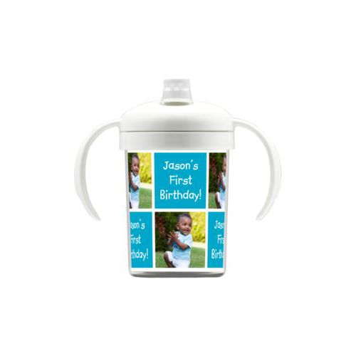 Personalized sippycup personalized with a photo and the saying "Jason's First Birthday!" in juicy blue and white