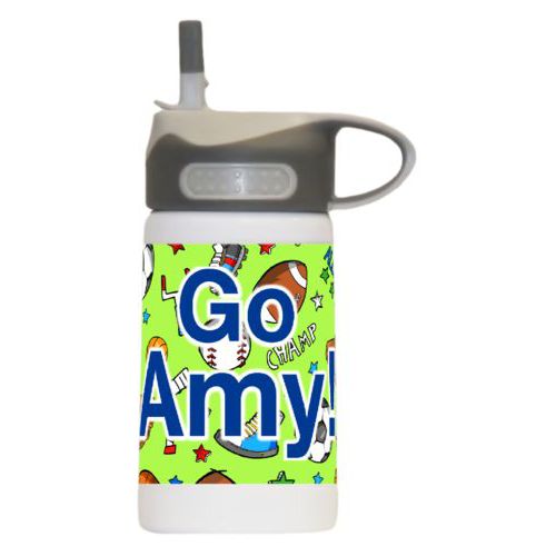 Water bottle for girls personalized with sports pattern and the saying "Go Amy!"