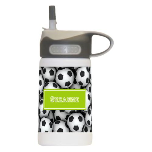 Personalized water bottle for kids personalized with soccer balls pattern and name in juicy green