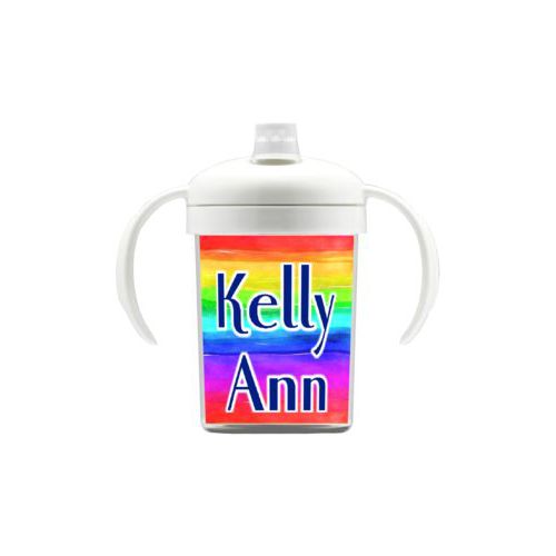 Personalized sippycup personalized with rainbow bright pattern and the saying "Kelly Ann"