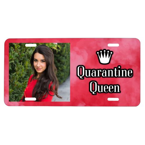 Custom license plate personalized with photo and the sayings "Crown" and "Quarantine Queen"