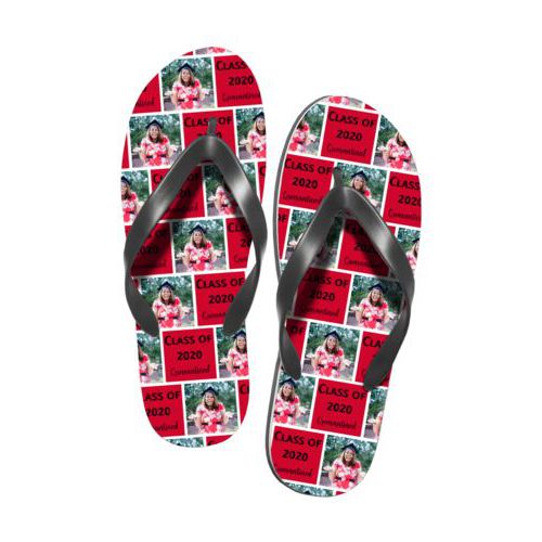 Personalized flipflops personalized with a photo and the saying "Class of 2020 Quarantined" in black and apple red