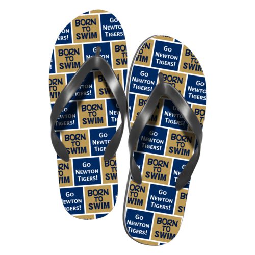 Personalized flipflops personalized with sayings "Born to Swim" in brigham young university and "Go Newton Tigers!" in navy blue and white