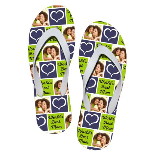 Personalized flipflops personalized with a photo and sayings "Heart Outline" in navy and white and "World's Best Mom" in black and juicy green