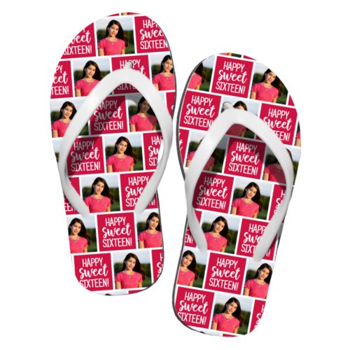 Personalized flipflops personalized with a photo and the saying "Happy Sweet Sixteen" in houston