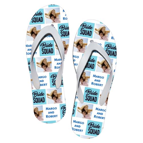 Personalized flipflops personalized with a photo and sayings "Bride Squad" in black and sweet teal and "Margo and Robert" in white and cosmic blue