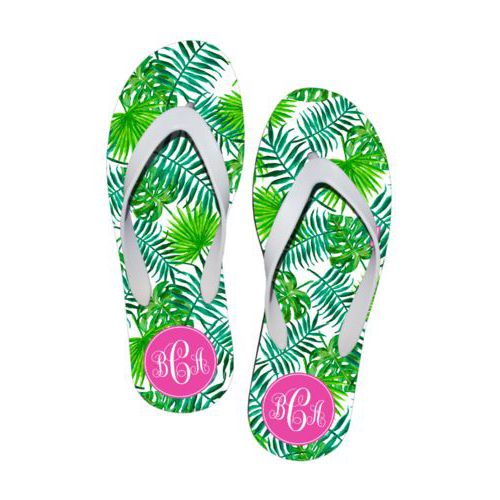 Personalized flipflops personalized with jardine pattern and monogram in bright pink