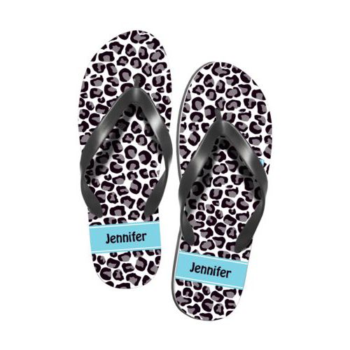 Personalized flipflops personalized with leopard skin pattern and name in black and sweet teal