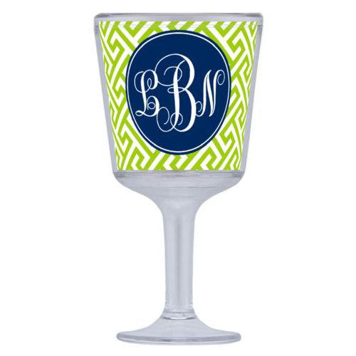 Personalized wine cup personalized with keyhole pattern and monogram in navy blue and juicy green