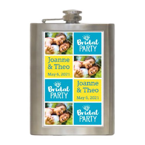 Personalized 8oz flask personalized with a photo and sayings "Bridal party" in juicy blue and white and "Joanne & Theo May 6, 2021" in true blue and lemon meringue Personalized 8oz flask personalized with a photo and sayings "Bridal party" in juicy blue and white and "Joanne & Theo May 6, 2021" in true blue and lemon meringue