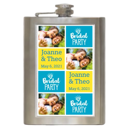 Personalized 8oz flask personalized with a photo and sayings "Bridal party" in juicy blue and white and "Joanne & Theo May 6, 2021" in true blue and lemon meringue