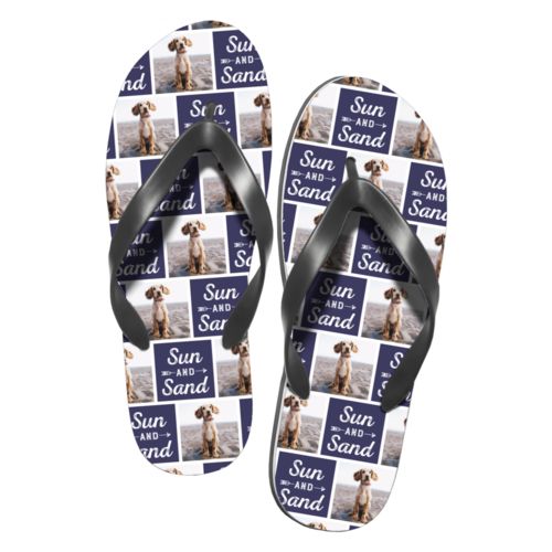 Personalized flipflops personalized with a photo and the saying "Sun and Sand" in navy and white