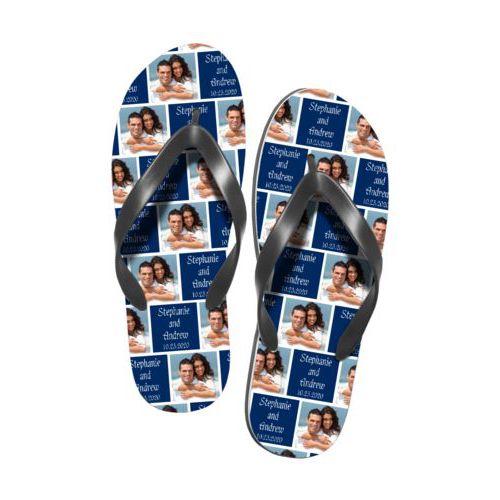 Personalized flipflops personalized with a photo and the saying "Stephanie and Andrew 10.23.2020" in navy blue and white