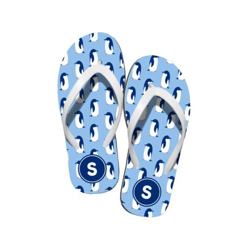Personalized flipflops personalized with penguins pattern and initial in blue