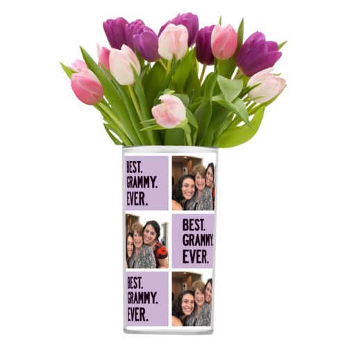 Personalized vase personalized with a photo and the saying "Best Grammy Ever" in black and soft violet