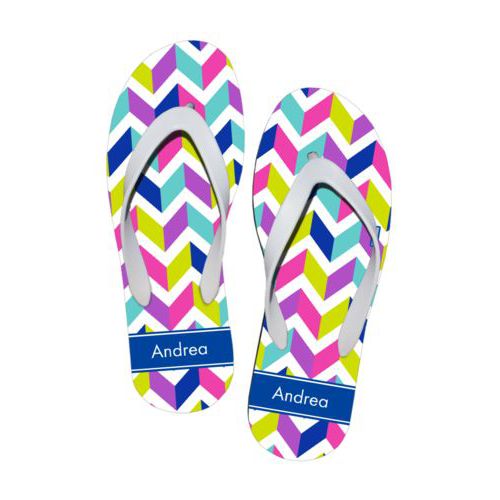 Personalized flipflops personalized with caterpillar pattern and name in royal blue