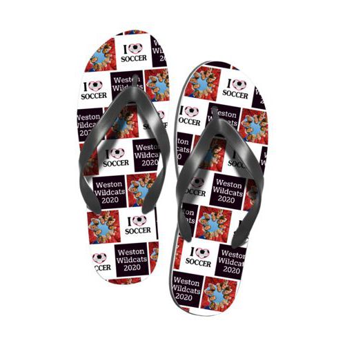 Personalized flipflops personalized with a photo and sayings "I "Heart" Soccer" and "Weston Wildcats 2020" in black and white