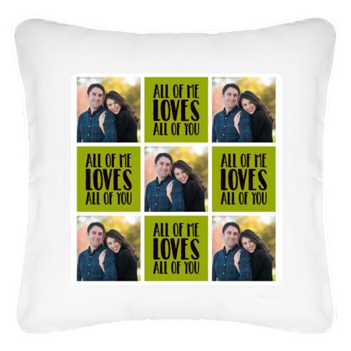 Personalized pillow personalized with a photo and the saying "all of me loves all of you" in black and green apple
