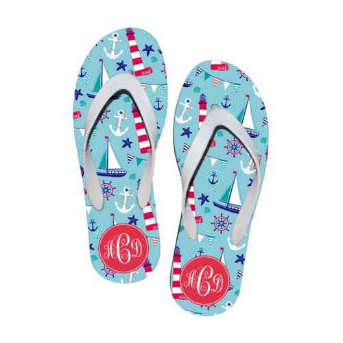 Personalized flipflops personalized with landmarks pattern and monogram in cherry red