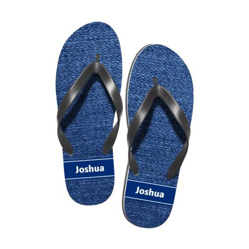 Personalized flipflops personalized with denim industrial pattern and name in blue