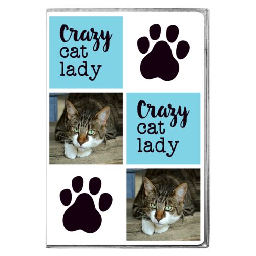 Personalized journal personalized with a photo and sayings "Crazy cat lady" in black and sweet teal and "Paw Print" in white and black