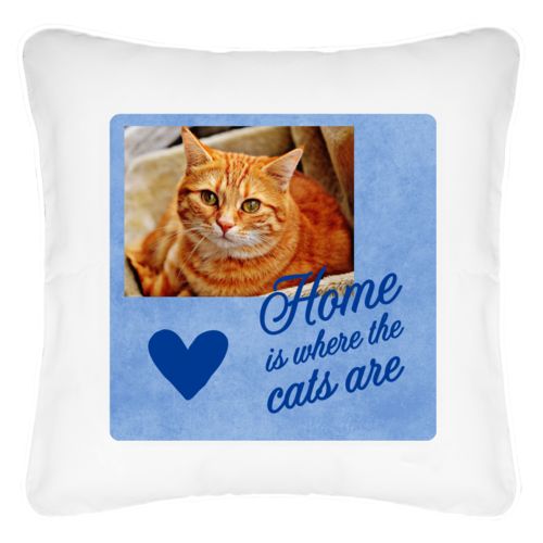 Personalized pillow personalized with photo and the saying "home is where the cats are" and the saying "Heart"