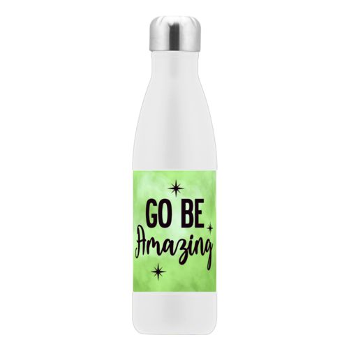 Custom stainless steel water bottle personalized with lime cloud pattern and the saying "Go Be Amazing"