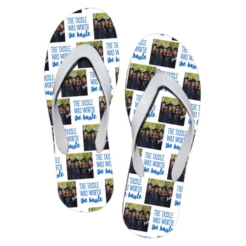 Personalized flipflops personalized with a photo and the saying "The Tassle was Worth the Hassle" in white and cosmic blue
