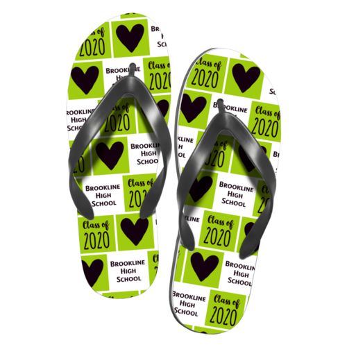 Personalized flipflops personalized with sayings "Class of 2020 Script" in black and juicy green and "Heart" in black and juicy green and "Brookline High School" in white and black