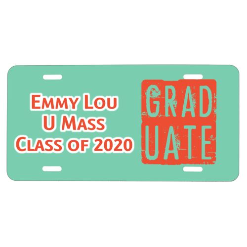 Custom license plate personalized with concaved pattern and the saying "graduate" and the saying "Emmy Lou U Mass Class of 2020"