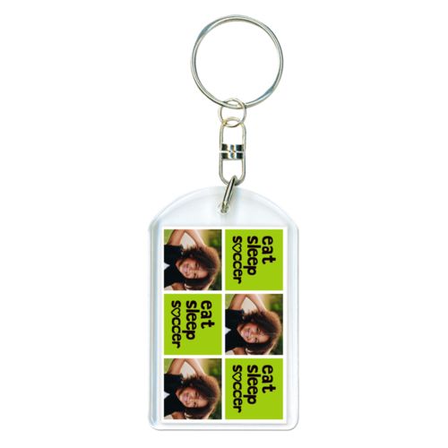 Personalized plastic keychain personalized with a photo and the saying "Eat Sleep Soccer" in black and juicy green