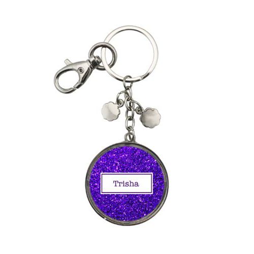Personalized metal keychain personalized with purple glitter pattern and name in purple party goods