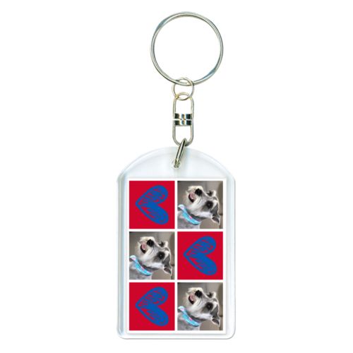 Personalized keychain personalized with a photo and the saying "Sketch Heart" in cosmic blue and apple red