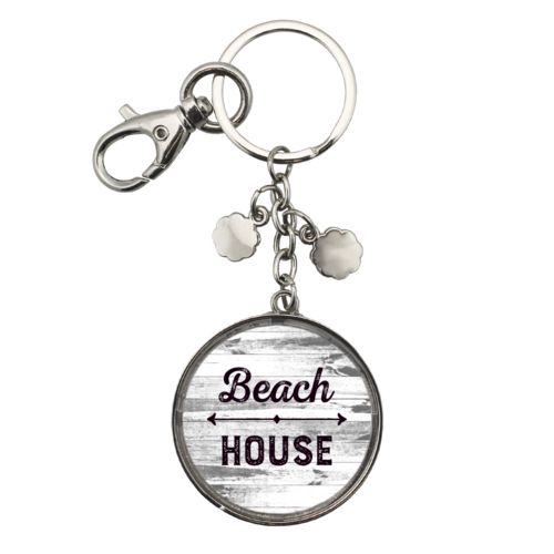 Personalized keychain personalized with white rustic pattern and the saying "Beach House"