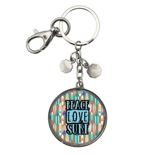 Personalized keychain personalized with vintage pattern and the saying "Peace Love Surf"