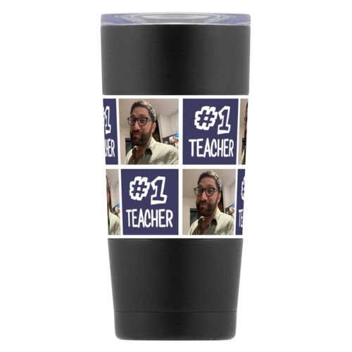 Personalized insulated steel mug personalized with a photo and the saying "z010521" in navy and white