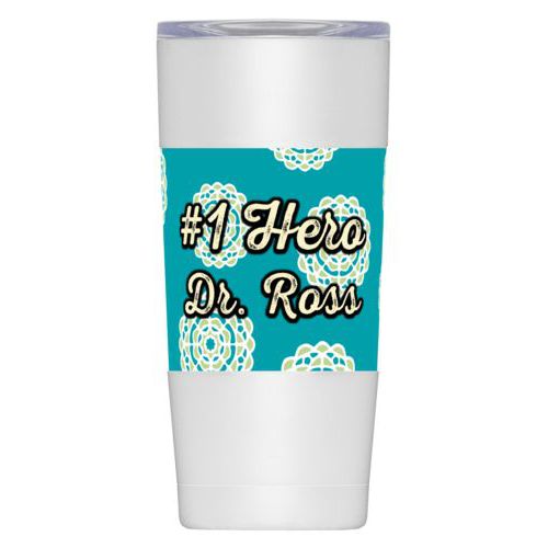 Personalized insulated steel mug personalized with mandala pattern and the saying "#1 Hero Dr. Ross"