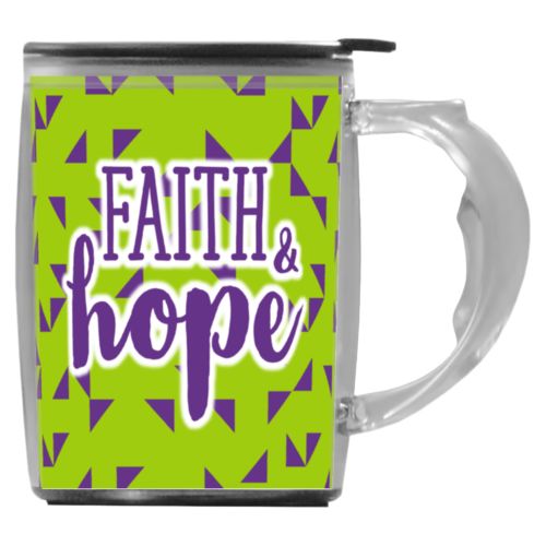 Custom mug with handle personalized with triangles pattern and the saying "Faith & Hope"