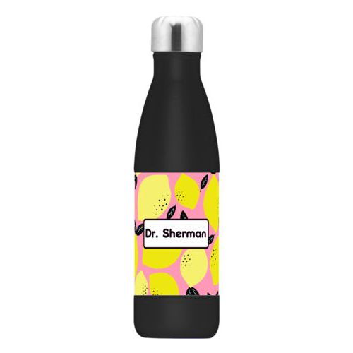 Stainless steel bottle personalized with fruit citrus pattern and name in black licorice