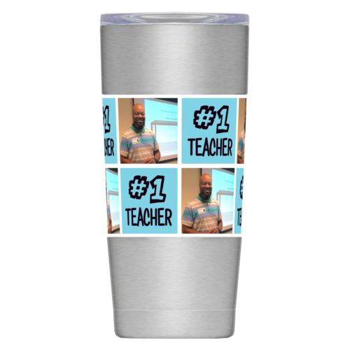 Personalized insulated steel mug personalized with a photo and the saying "z010521" in black and sweet teal