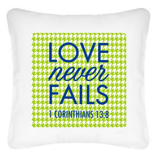 Personalized pillow personalized with houndstooth pattern and the saying "Love never fails 1 Corinthians 13:8"