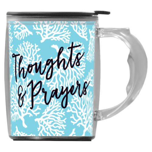 Custom mug with handle personalized with reef pattern and the saying "Thoughts & Prayers"