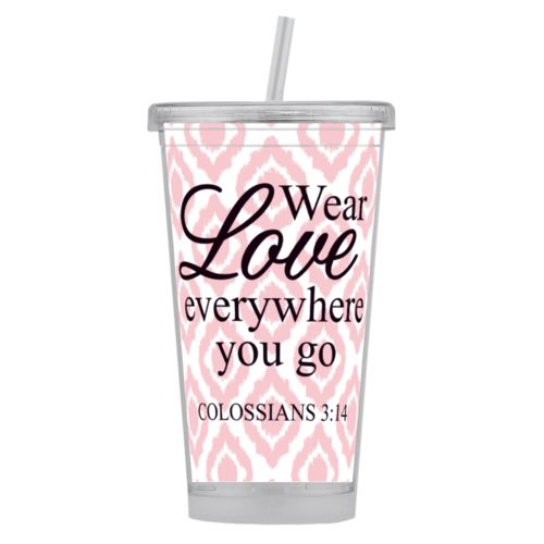 Personalized tumbler personalized with batik pattern and the saying "Wear love everywhere you go Colossians 3:14"