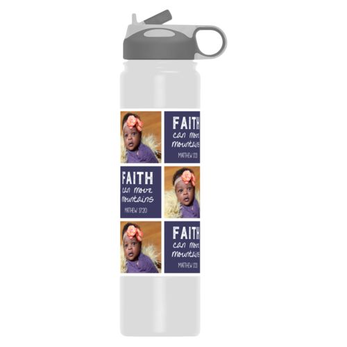 Insulated water bottle personalized with a photo and the saying "Faith can move mountains Matthew 17:20" in navy and white